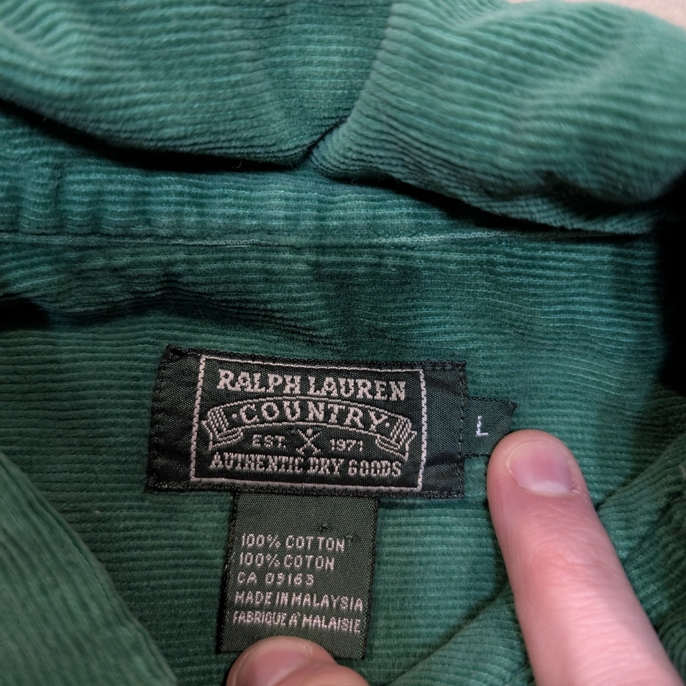 VTG Ralph Lauren Country Corduroy Shirt Mens L Loop Collar Green Flaws - Picture 2 of 6